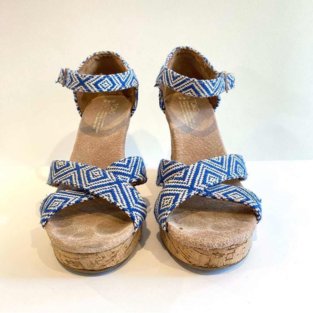 Toms Sienna Wedge Cork Heel Sandal Blue And White Print Size 8.5